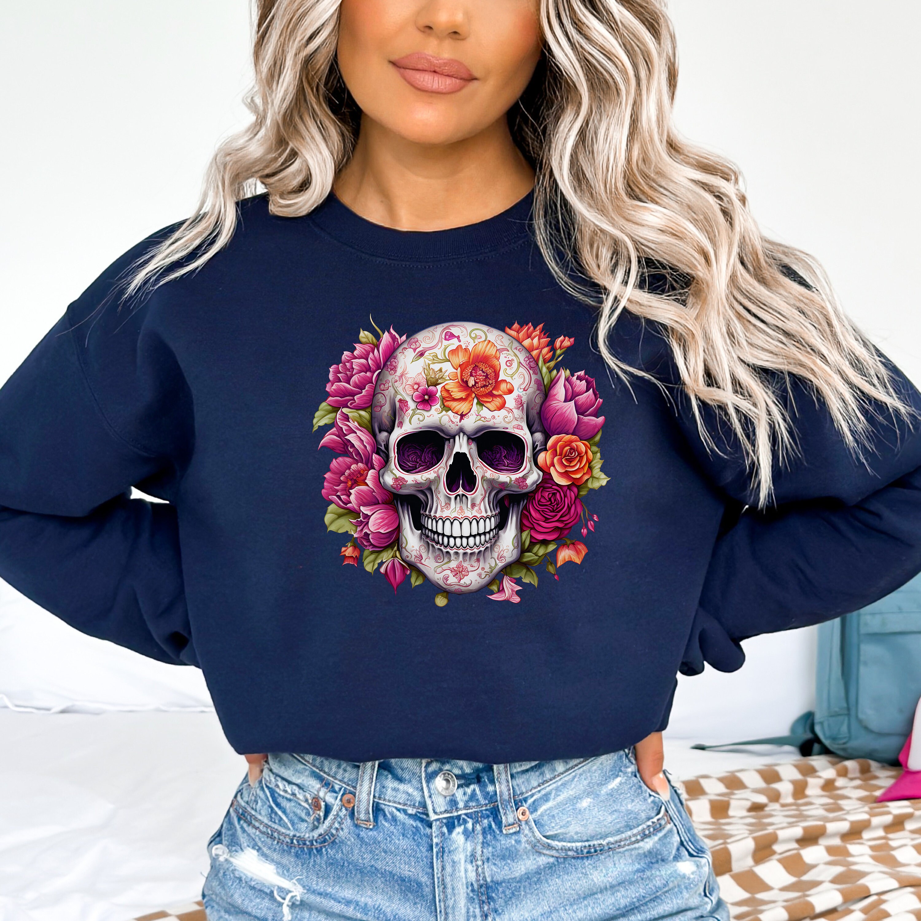 Sweatshirt Dia De Los Muertos - Motif Sugar Skull Floral Coloré - Coupe Classique, Col Tissé - 241g