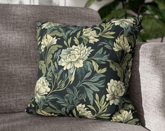 Green botanical pillow case, floral decor, Moody Floral Throw, Square Pillow Case for Dark Cottagecore Home Decor, dark floral pillow