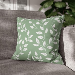 Green botanical pillow case, floral decor, minimalistic decor, Square Pillow Case, cute leaves decor, green pillow cases
