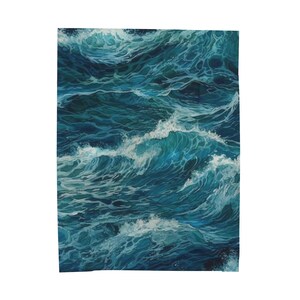 May include: A rectangular wall art print featuring a detailed illustration of turbulent ocean waves. The composition displays deep navy, teal, and bright blue water with white foam cresting on the surface of the rolling, choppy sea.