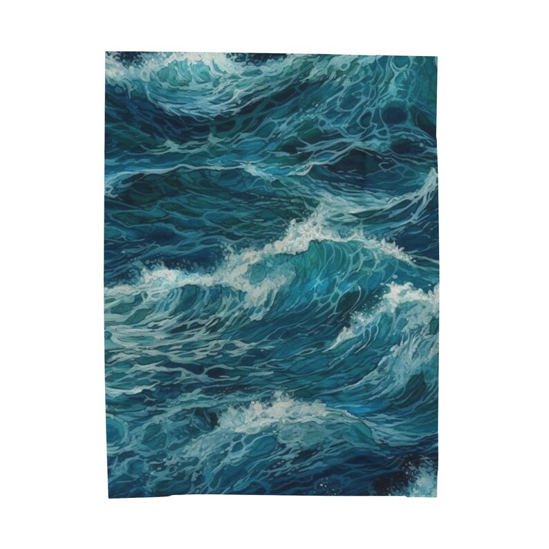 May include: A rectangular wall art print featuring a detailed illustration of turbulent ocean waves. The composition displays deep navy, teal, and bright blue water with white foam cresting on the surface of the rolling, choppy sea.