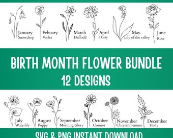 Birth Month Flower Bundle SVG / PNG | Birthday Flowers, Botanical svg, floral svg, flower bundle svg, Wildflower svg, hand drawn flowers