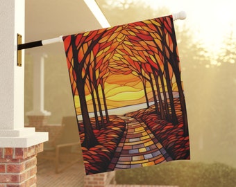 Fall Welcome House Flag, Fall Garden & House Banner, Autumn Stained Glass, Thanksgiving Hostess Gift, Fall Garden Flag, Fall path