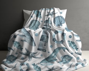 Ocean Sherpa Fleece Blanket, Coastal Cottagecore Throw