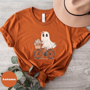 Women&#39;s fall tee, Girly Ghost Bike T-shirt, Spooky season shirt, Halloween Lace Ghost T Shirt, halloween shirt, Cute Halloween Ghost Shirt