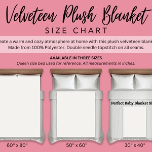 May include: A Velveteen Plush Blanket size chart on a pink background. It displays three white blankets on beds with dimensions 60" x 80", 50" x 60", and 30" x 40". Text includes "Velveteen Plush Blanket", "Made from 100% Polyester", and "Perfect Baby Blanket Size!"
