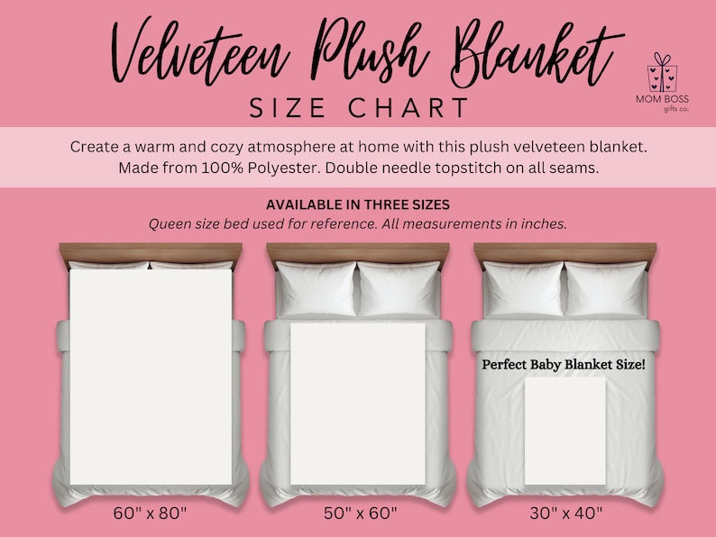 May include: A Velveteen Plush Blanket size chart on a pink background. It displays three white blankets on beds with dimensions 60" x 80", 50" x 60", and 30" x 40". Text includes "Velveteen Plush Blanket", "Made from 100% Polyester", and "Perfect Baby Blanket Size!"
