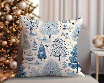 Almohada de árboles de invierno, decoración acogedora de invierno, almohada de invierno azul, decoración de la casa de campo, funda de almohada de árboles del bosque, decoración de invierno, decoración de la sala de estar