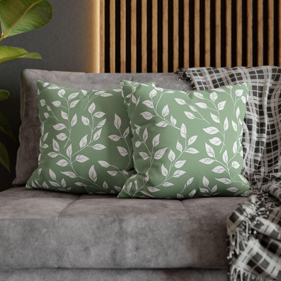 Grüner botanischer Kissenbezug, florales Dekor, minimalistisches Dekor, quadratischer Kissenbezug, süßes Blätterdekor, grüne Kissenbezüge