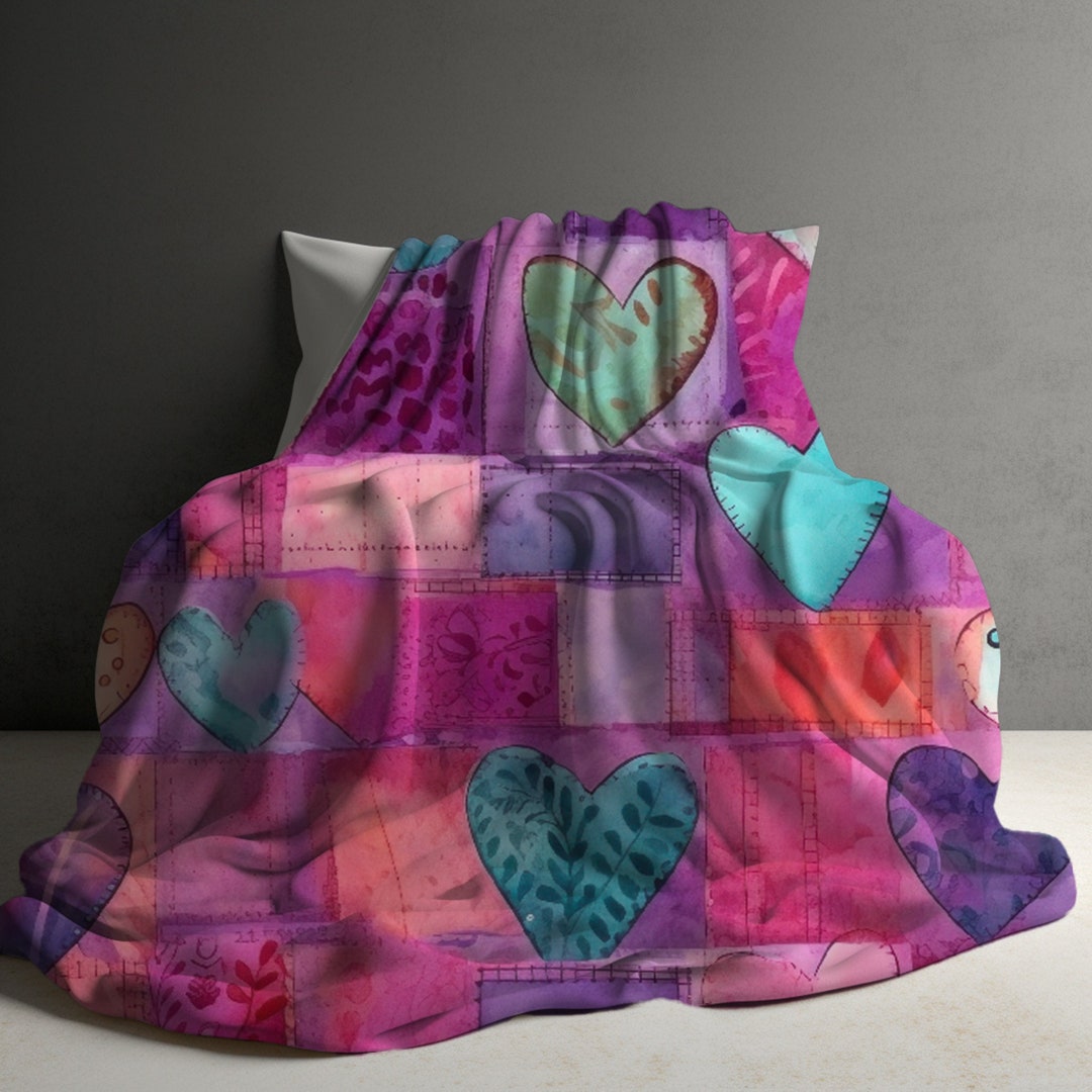 Heart Blanket, Heart Quilt Inspired, Valentine's Day Gift, Watercolor
