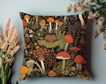 Mushroom Cottagecore, Decoración del dormitorio, Almohadas Woodland, Almohadas Ccottagecore, William Morris inspirado, Setas caprichosas, Forestcore