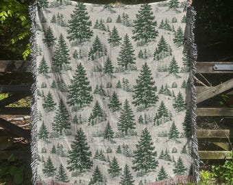 Christmas Tree Toile De Jouy, Woven Blanket, Christmas throw blanket, Winter trees decor, Christmas tapestry, woven throw blanket, gift idea