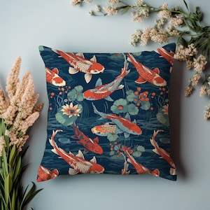 Almohada Koi japonesa, almohada de lanzamiento de peces Koi, decoración japonesa, decoración del hogar, almohadas decorativas, amantes de la decoración asiática moderna, tema japonés
