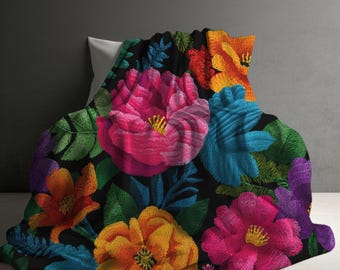 Mexican Floral blanket, Fiesta blanket, cozy fleece blanket, folklorico flowers, Mexican blanket, Fleece Blanket, dia de los muertos gift