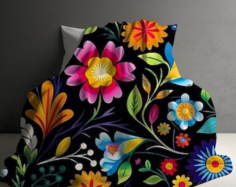 Mexican Floral blanket, Fiesta blanket, Floral Blanket, sherpa fleece, folklorico flowers, Mexican blanket, Fleece Blanket, bright colors