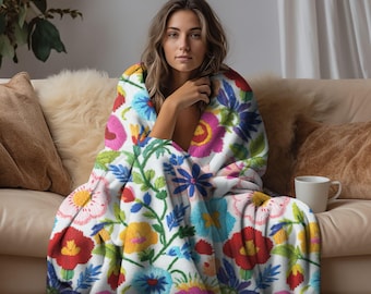 Mexican Floral blanket, Fiesta blanket, Floral Blanket, sherpa fleece, housewarming gift, Mexican blanket, Fleece Blanket, flower embroidery