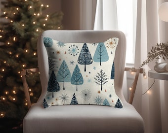 Cojín con árboles de invierno, decoración invernal acogedora, cojín azul de invierno, decoración rústica, funda de cojín con diseño de árbol del bosque, decoración de invierno, decoración para la sala de estar