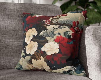 Aziatische kussensloop, Aziatisch waaierdecor, Aziatisch huisdecor, vierkante kussensloop, housewarmingcadeau, chiyogami-decor, rode en blauwe kussensloop