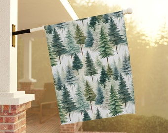 Bandera de bienvenida de invierno, bandera de patio, árboles de hoja perenne de invierno, jardín de invierno, árboles de Navidad, bandera de la casa de Navidad, bandera de Navidad de bienvenida