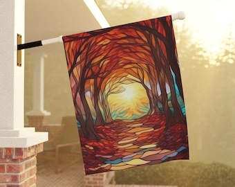 Bandiera autunnale della casa di benvenuto, percorso autunnale, banner per giardino e casa, design in stile vetro colorato autunnale, regalo per l'hostess del Ringraziamento, bandiera del giardino autunnale