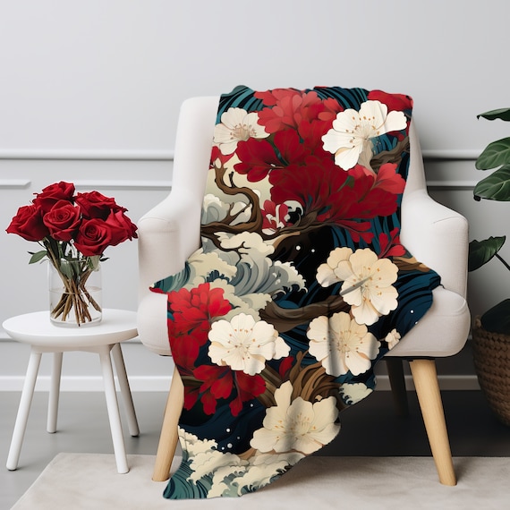 Japanese inspired decor, cherry blossoms, Soft Cozy Throw Blankets, Japanese Blanket, Anime Blanket, Japanese Style blanket