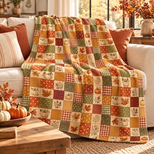 May include: A throw blanket featuring a patchwork design of squares in shades of orange, green, and cream. The pattern includes illustrations of pumpkins, autumn leaves, and plaid or polka dot textures across the fabric surface.