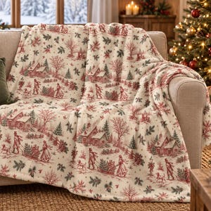 Pode incluir: Uma manta de cor creme com uma estampa repetitiva estilo toile em vermelho e verde. O padrão retrata cenas de inverno com casas cobertas de neve, árvores perenes e figuras puxando trenós através de uma paisagem nevada.