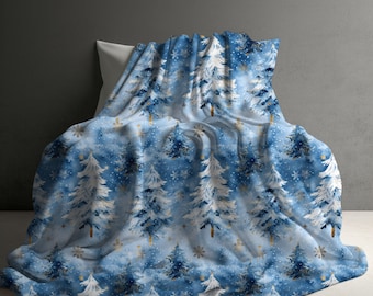 Blue Winter Wonderland Trees Sherpa Fleece Blanket | Christmas Sofa Throw