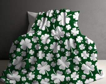 Saint Patrick's Day Gift, Shamrock Blanket, Lucky Clovers, Four-Leaf Clovers, Luck of the Irish, Fleece Blanket, Soft Cozy Throw Blankets