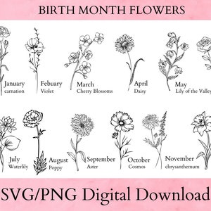 May include: A black and white line drawing illustration of flowers representing each month of the year. The flowers are labelled with their common names and the month they represent. The text "BIRTH MONTH FLOWERS" is at the top of the image. The text "SVG/PNG Digital Download" is at the bottom of the image.
