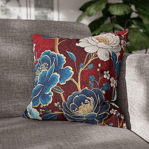 Asian pillow case, Asian Fan Decor, Asian Home Decor, Square Pillow Cover, housewarming gift, Chiyogami Decor, red and blue Pillowcase