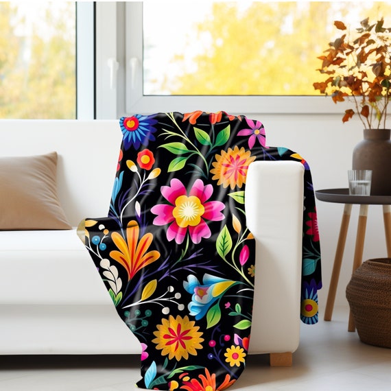 Mexican Floral Blanket Fiesta Blanket Floral Blanket Sherpa Fleece Folklorico Flowers Mexican Blanket Fleece Blanket Etsy