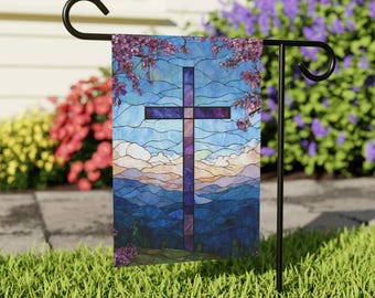 Glasmalerei-Ostern-Dekor: Er ist auferstanden - Kreuz Garten & Haus-Girlanden | Ostern religiöse Flagge
