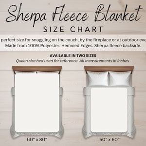 May include: A Sherpa fleece blanket size chart displaying two options: a 60 inch by 80 inch blanket and a 50 inch by 60 inch blanket. The text includes Sherpa Fleece Blanket, Size Chart, 100% Polyester, Hemmed Edges, and available in two sizes.