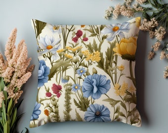 Vildblommigt kuddfodral, blommiga kuddar, bondgårdskudde, accentkudde, vårkudde, vintageblomkudde, vårdekor, fransk inredning