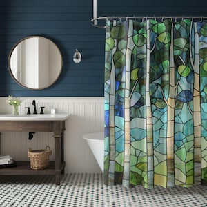 Tree Shower Curtain, Forest Decor, Bathroom Botanical Decor for Nature Lovers, Housewarming Gift, Birch Trees Art, Stained glass trees