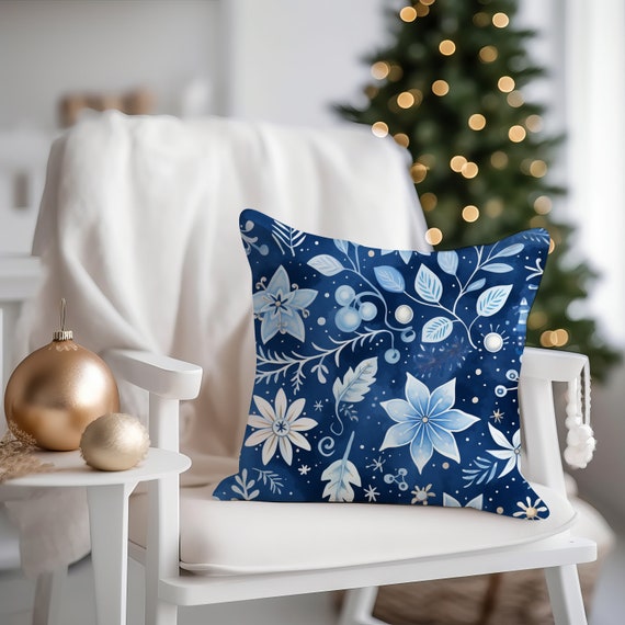 Blue Winter pillow, Cozy winter decor, Blue Winter Pillow, farmhouse decor, Floral Winter pillow cover, Christmas Pillow, living room decor