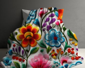 Mexican Floral blanket, Fiesta blanket, Floral Blanket, sherpa fleece, housewarming gift, Mexican blanket, Fleece Blanket, flower embroidery