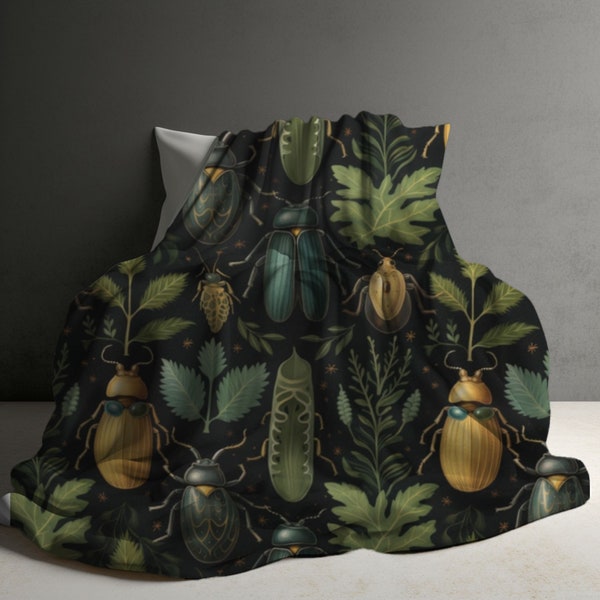 Beetle Decor, Dark Acedemia decor, Cottagecore blanket, Dark Botanical, Cottagecore Decor, Housewarming Gift, Insect Decor, Fleece Blanket,