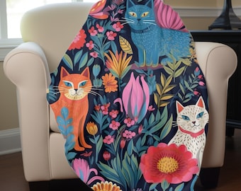 Cat Decor, Cat Blanket, Retro Cat, Sofa, Cat lover gift, floral, Cozy Blanket, fleece blanket, Gift for her, housewarming gift, home decor