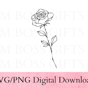 May include: A black and white line drawing of a single rose with a stem and leaves.
