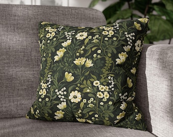 Green botanical pillow case, floral decor, Moody Floral Throw, Square Pillow Case for Dark Cottagecore Home Decor, dark floral pillow