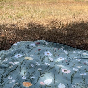 May include: A blue picnic blanket with a floral pattern featuring white, pink, and yellow flowers. The blanket is laid out on a grassy field with trees in the background.