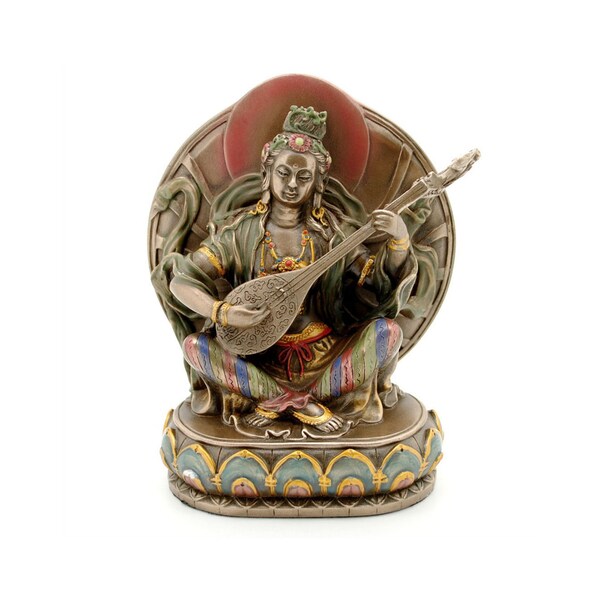 Saraswati Statue 6" Hindu Goddess of Knowledge and the Arts High Quality Colorful Seated Bronze Resin Sarasvati Deity Icon Idol Figurine