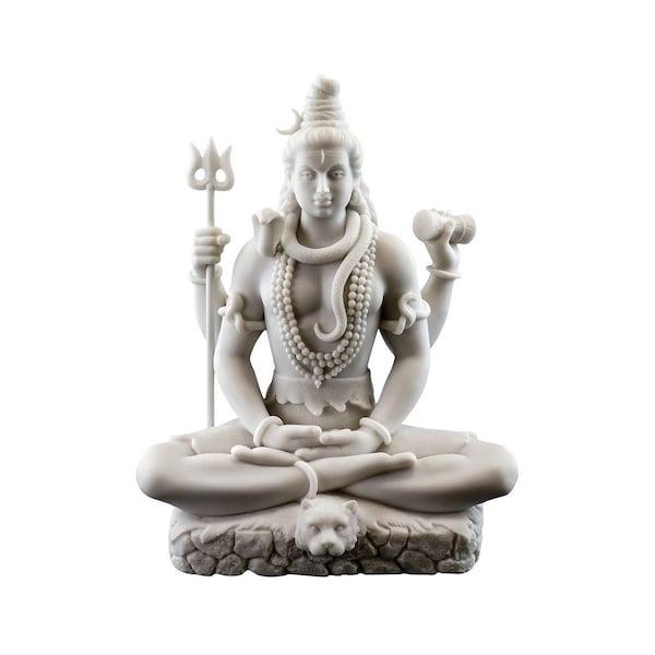 Lord Shiva Statue 8" Seated Hindu Icon Indian God White Marble Finish Resin Statue Idol