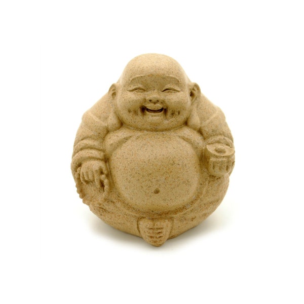 Happy Buddha Statue 3" Cute Laughing Hotei Buddha Feng Shui Sandstone Finish Resin Icon