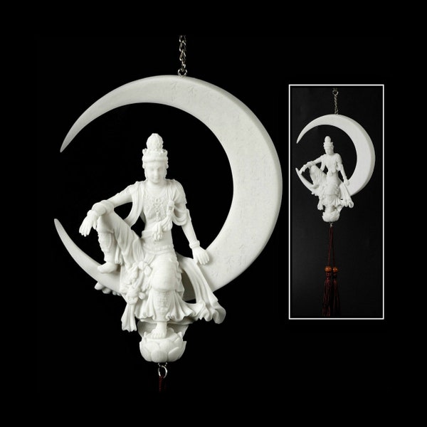 Kwan Yin Water and Moon Dream Catcher Hanging Statue with Tassel Buddhist Goddess of Compassion and Mercy White Marble Finish Resin Guanyin
