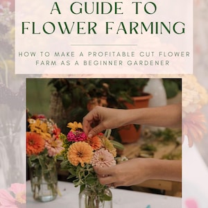 May include: A guide to flower farming book cover with text and a photo of hands arranging colorful flowers in a glass jar. The text reads "A Guide to Flower Farming" and "How to make a profitable cut flower farm as a beginner gardener."