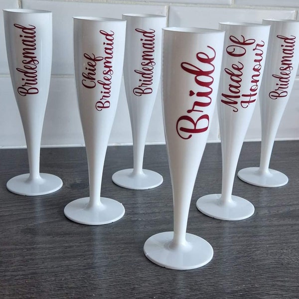 Personalised Bridal party white plastic champagne flutes-Bridal Party Flutes-Hen Party Flute- Bride Flute-White Plastic Champagne Flutes