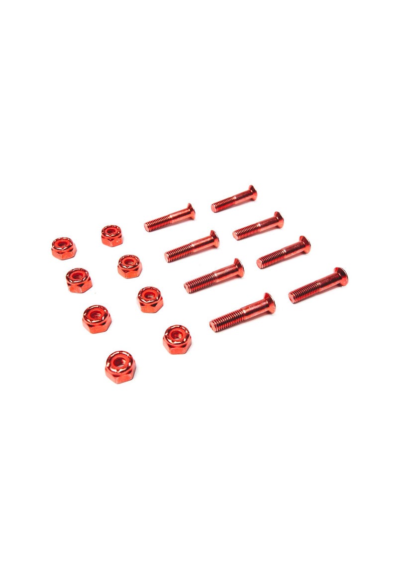 以下が含まれることがあります： 白い背景に配置された赤い金属製のボルトとナットの詰め合わせ。ボルトはねじ付きシャフトと丸みを帯びた頭を持っています。ナットは六角形で、お揃いの赤い仕上げが施されています。建設または修理用のハードウェア。